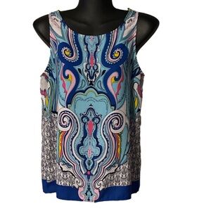Medium A’gaci Sleeveless Blue Pink White Paisley Print Scoop Neck Tunic Top